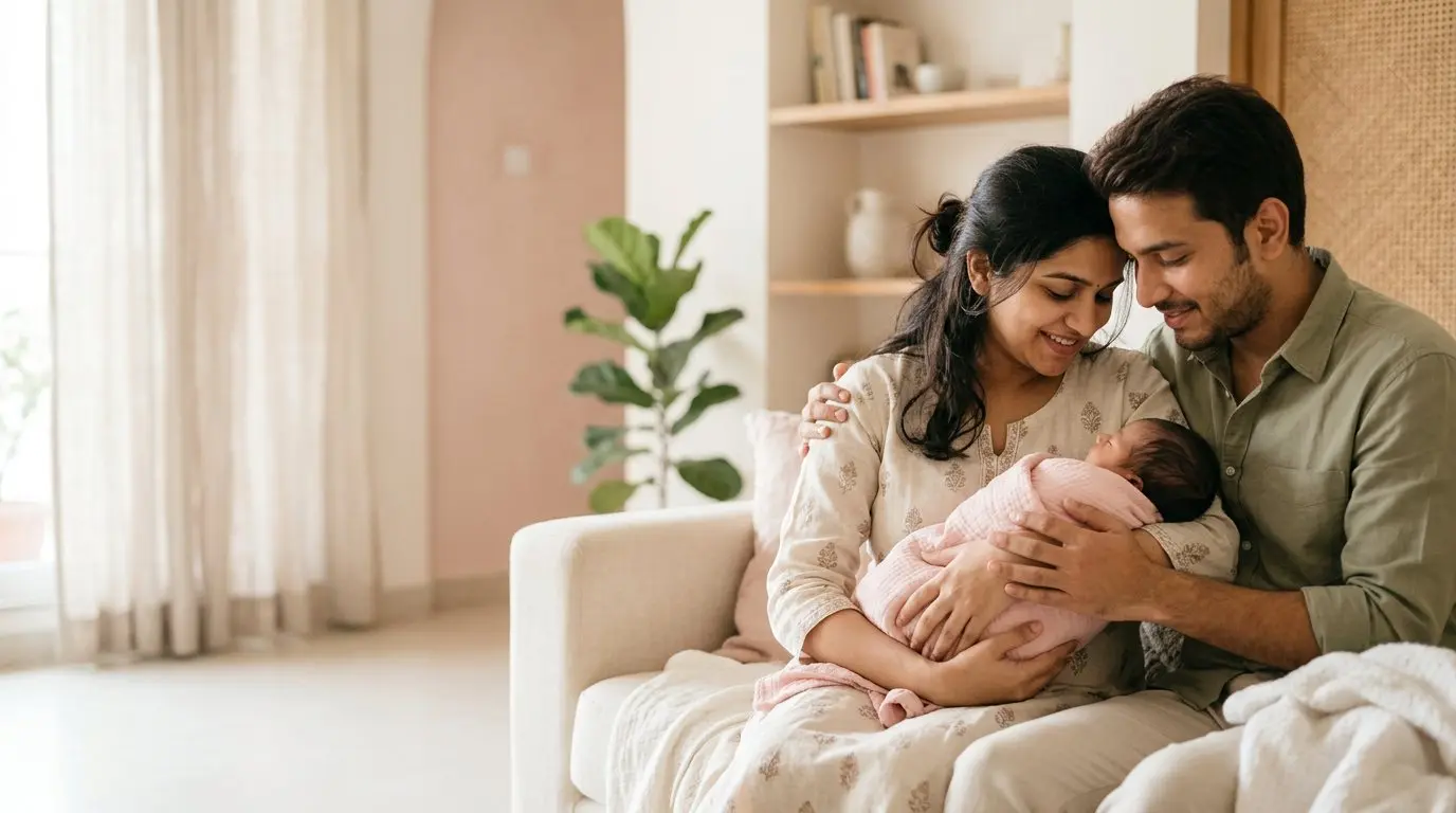Smiling parents holding their newborn baby